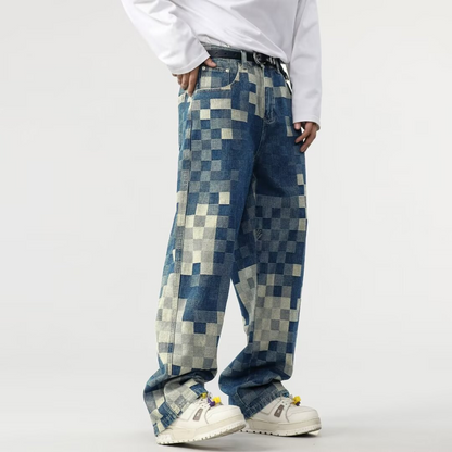 Casual men's mosaic jeans with a relaxed straight leg fit, featuring a unique pixelated pattern. Retro streetwear look.