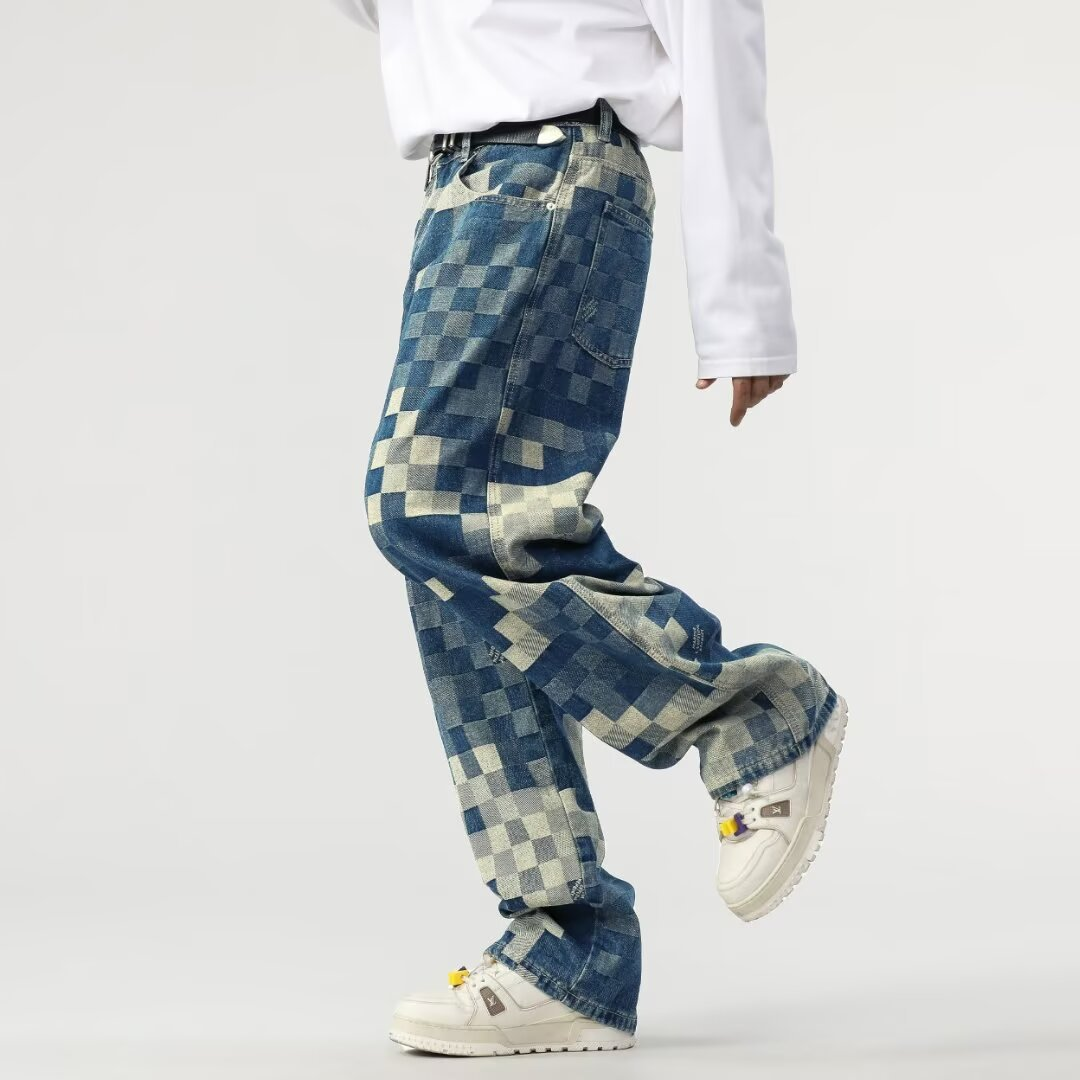 Unique men's mosaic jeans. Pixelated pattern, straight leg & relaxed fit. Trendy streetwear bottoms for men's fashion.