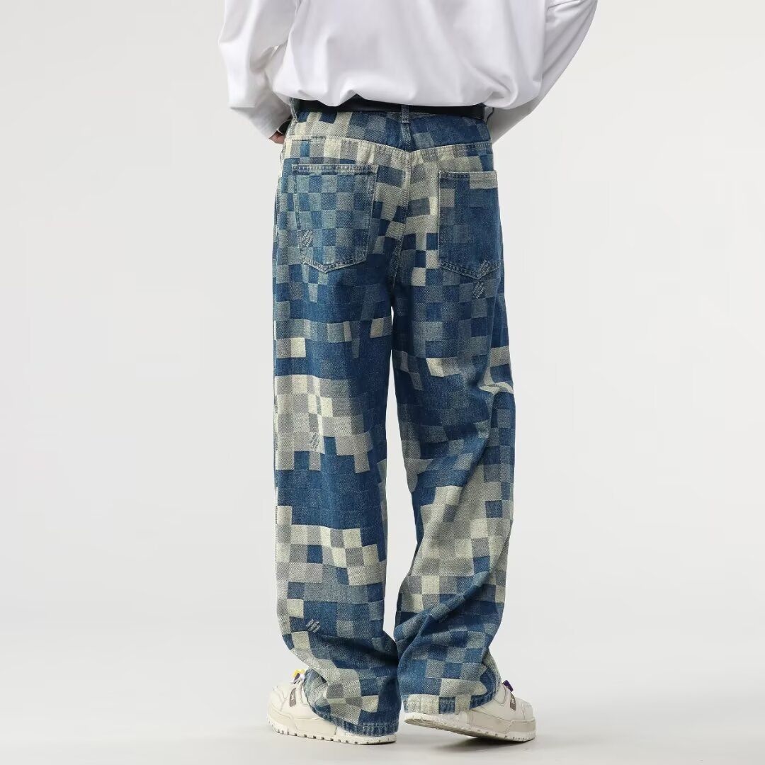 Men's relaxed fit mosaic jeans, straight leg for casual wear. Retro pixelated design, great for unique streetwear style.