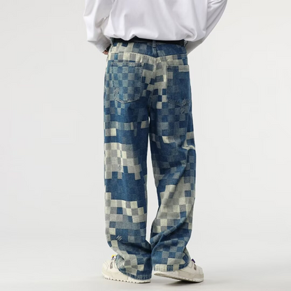 Men's relaxed fit mosaic jeans, straight leg for casual wear. Retro pixelated design, great for unique streetwear style.