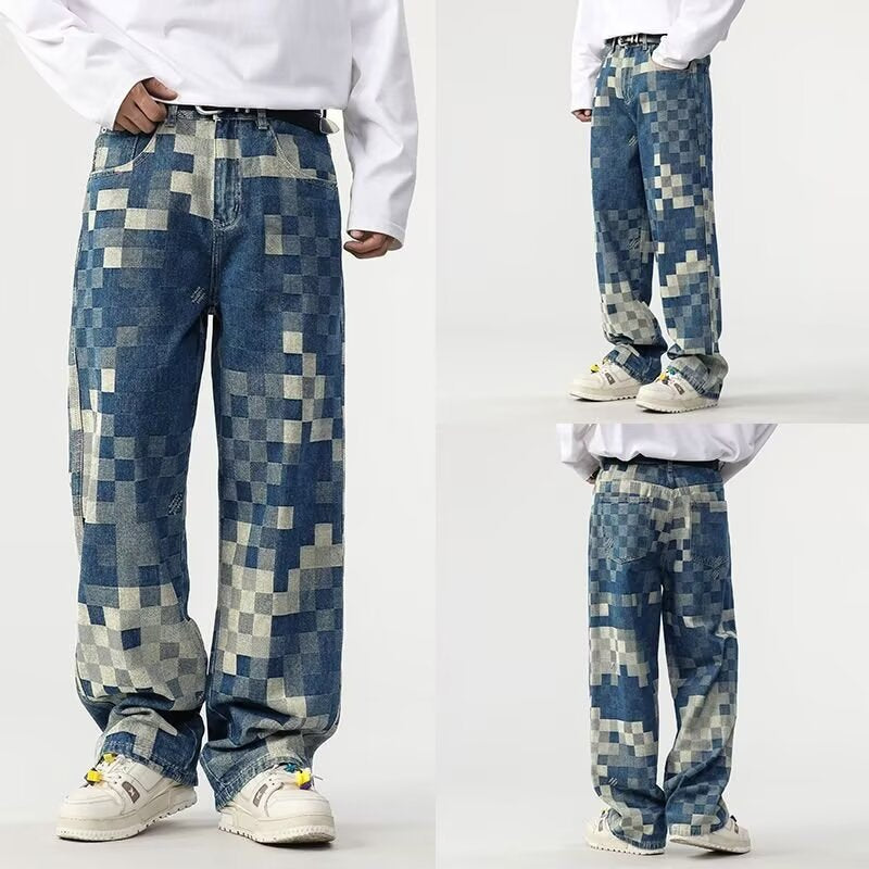 Pixelated mosaic men's jeans. Relaxed straight leg fit, perfect for casual pants, retro streetwear & men's fashion.