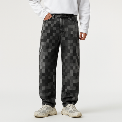 Retro style men's mosaic jeans. Unique pixelated design with a relaxed straight leg, ideal for casual streetwear.