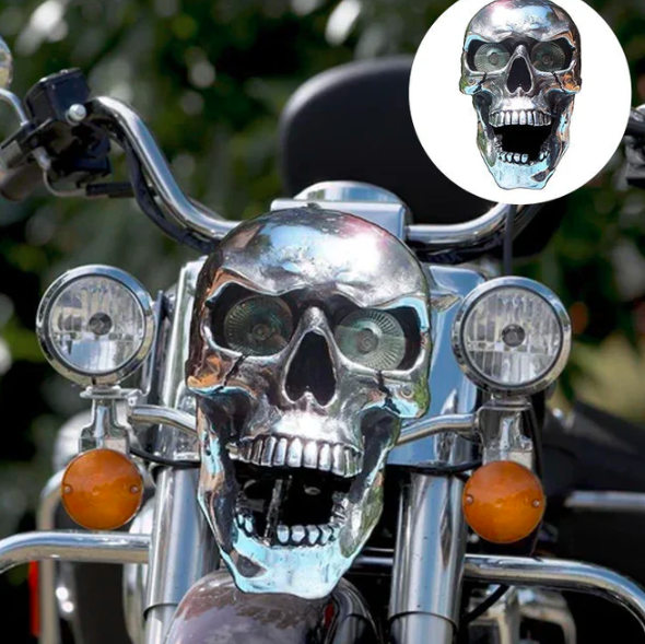 Men's motorcycle skull LED headlight, custom retro bike accessory, durable design for enthusiasts.