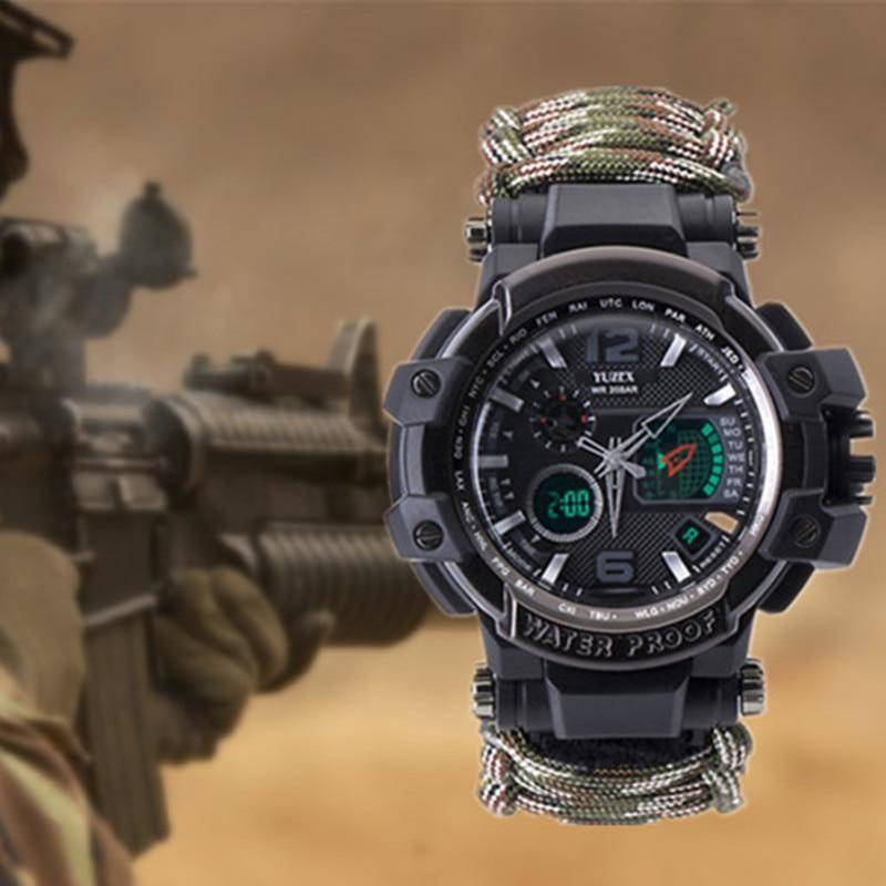 Durable men's paracord survival watch with built-in emergency tools, ideal for outdoor adventures