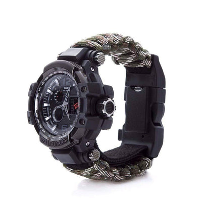 Waterproof men's tactical watch featuring a multi-functional paracord band, essential survival gear