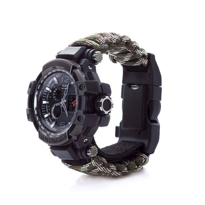 Waterproof men's tactical watch featuring a multi-functional paracord band, essential survival gear