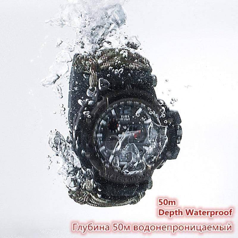 Close-up of a men's outdoor watch with a black paracord strap, showing survival features for hiking