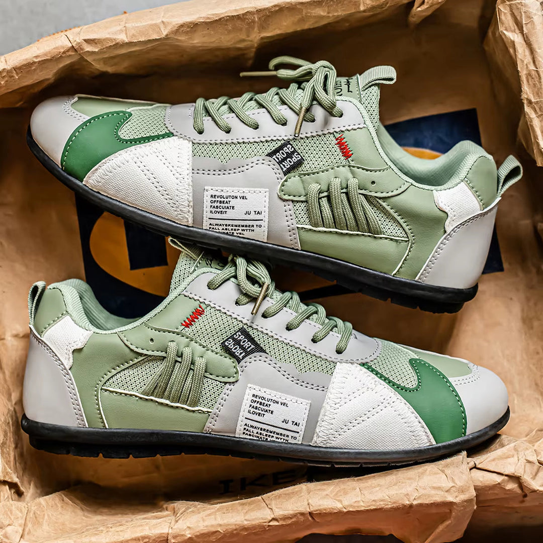 Vibrant multi-panel men's trainers, perfect comfortable sneakers for urban streetwear.