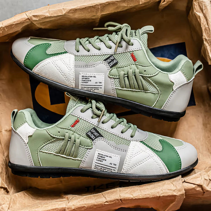 Vibrant multi-panel men's trainers, perfect comfortable sneakers for urban streetwear.