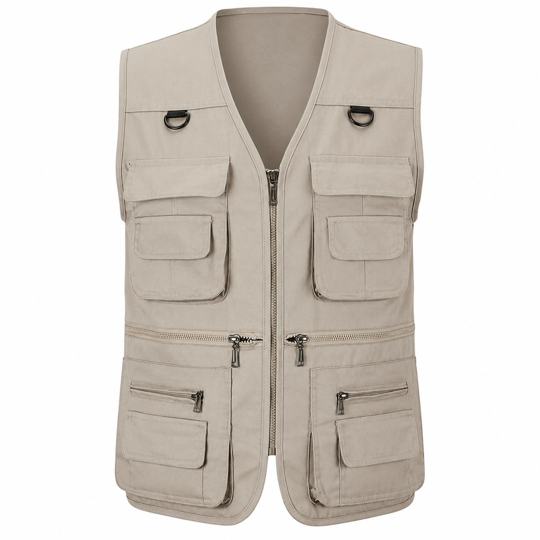 Men's multi-pocket hiking vest, ideal for outdoor adventures, camping, and exploration.