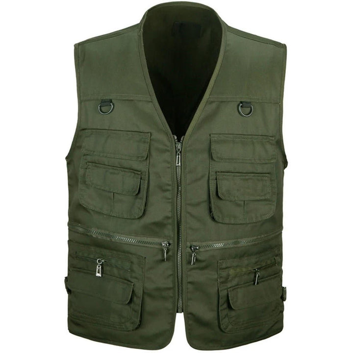 Versatile men's fishing and travel vest. Lightweight, multi-pocket design provides convenient storage for expeditions.