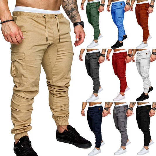 Men's multi-pocket outdoor cargo pants in olive green, elastic waist, utility wear