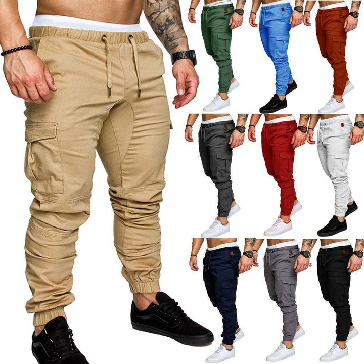 Men's multi-pocket outdoor cargo pants in olive green, elastic waist, utility wear