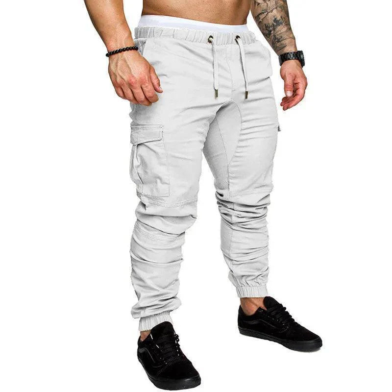 Casual men's multi-pocket cargo pants in gray, elastic waistband, for spring wear