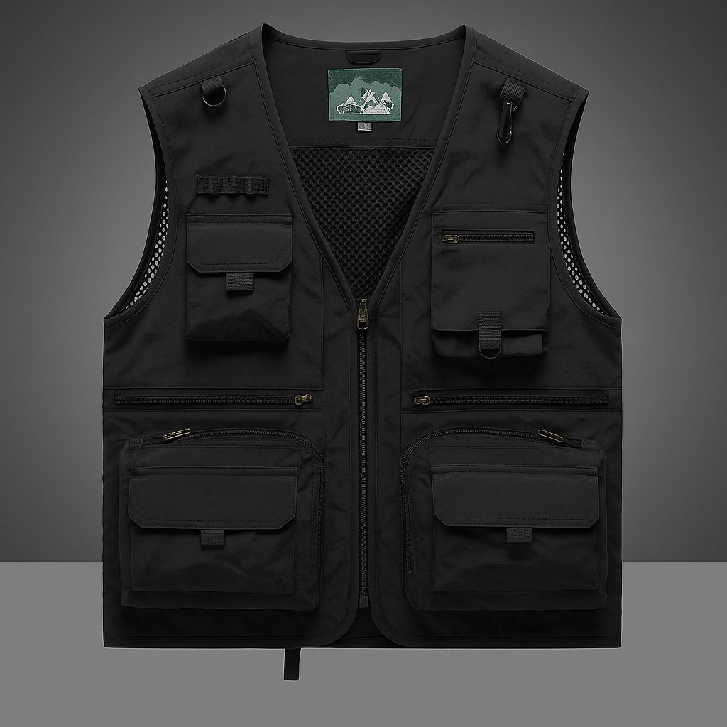 Tactical men's utility vest with many pockets for tools, outdoor adventures, or fishing. Breathable design.