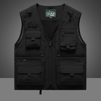 Tactical men's utility vest with many pockets for tools, outdoor adventures, or fishing. Breathable design.