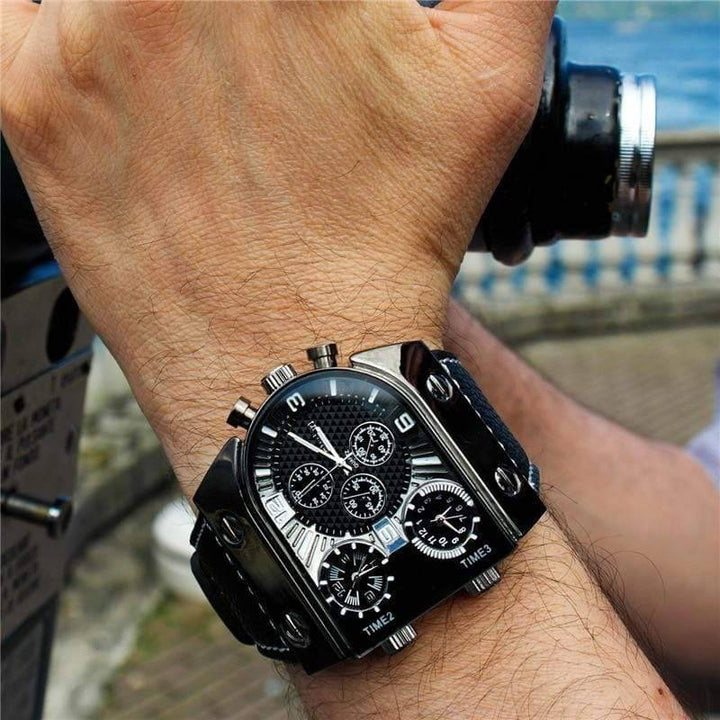 Men's multi-time zone military quartz watch with brown leather strap, side view.