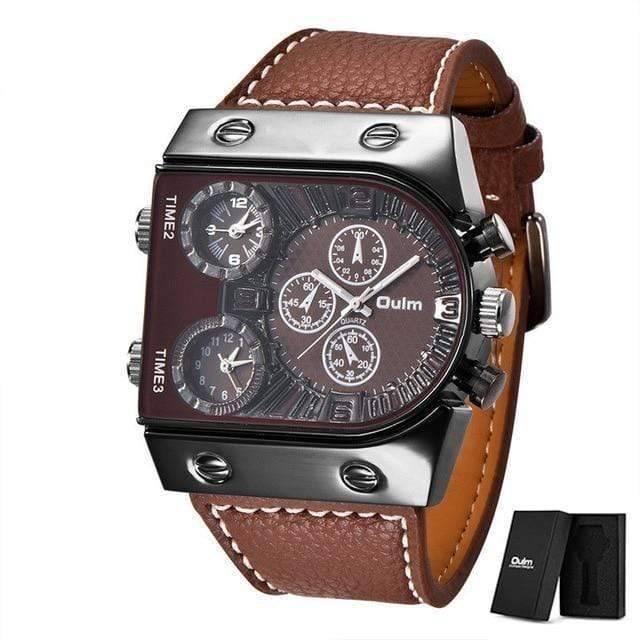 Men's military watch, multi-time zone feature for travel, with a comfortable leather strap.