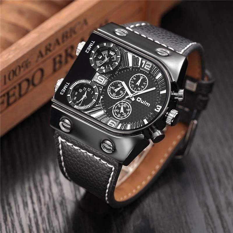 Close-up of a men's multi-time zone military quartz watch face, black dial, leather strap.