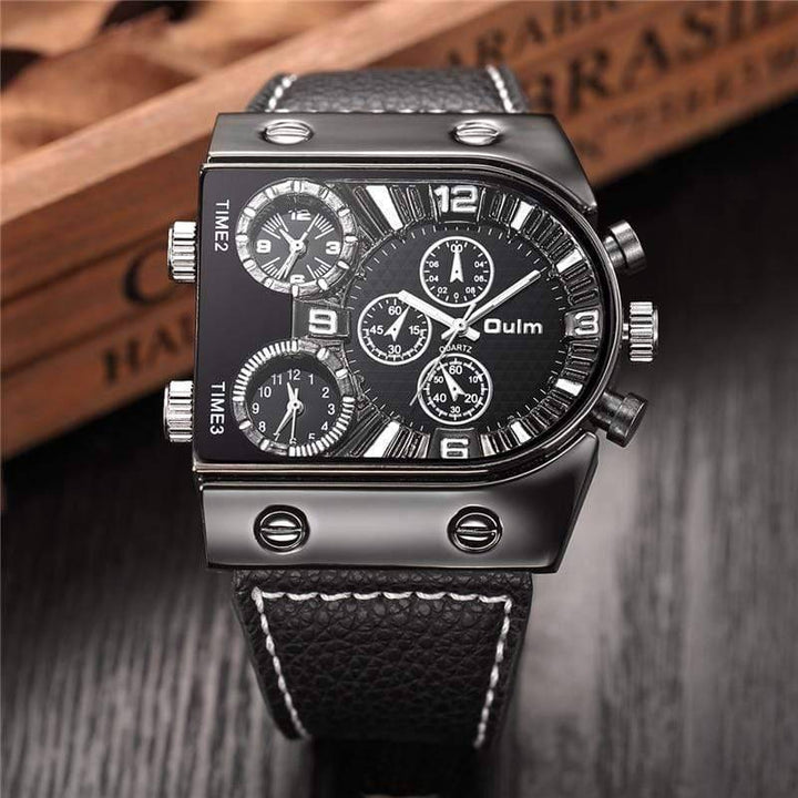 Men's military style quartz watch on wrist, multi-time zone display, brown leather strap.