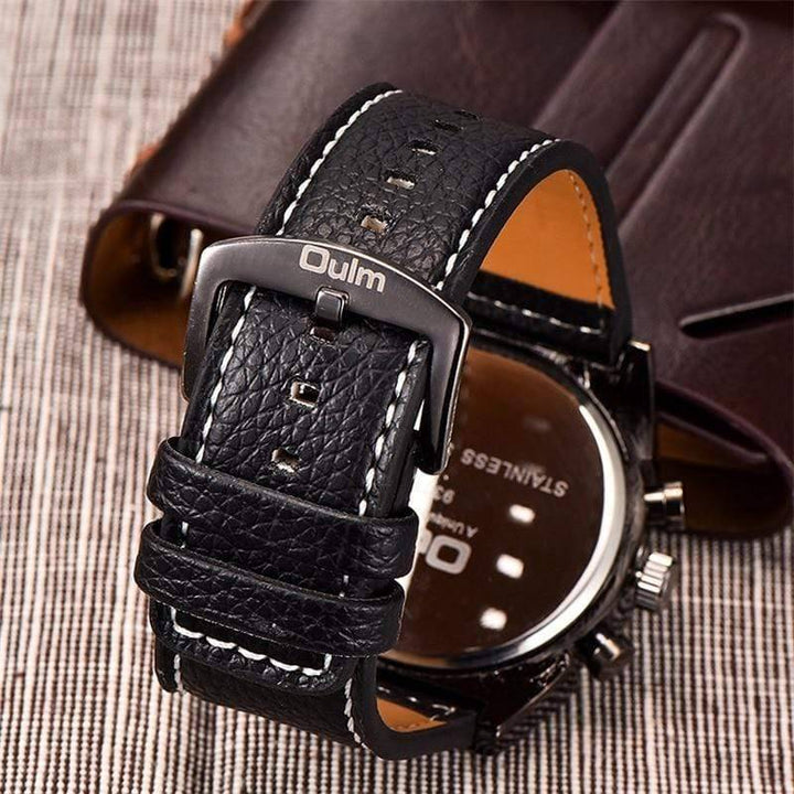 Top-down view of men's multi-time zone military watch, full display, durable leather.