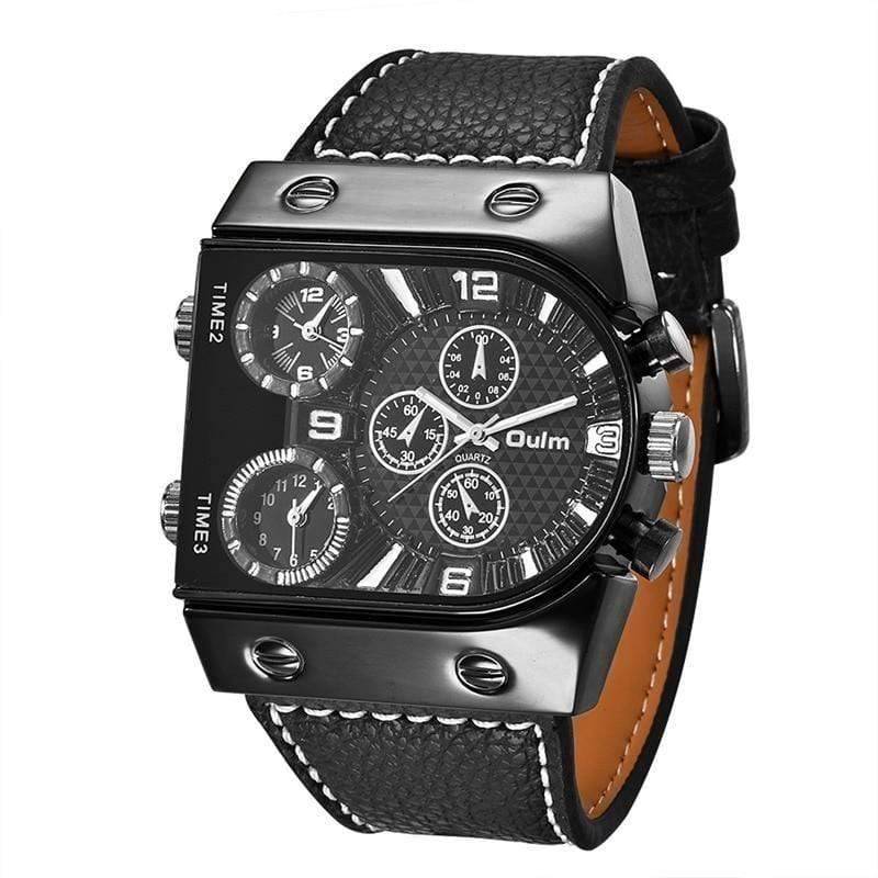 Men's casual military quartz watch with multiple dials, robust design, dark leather strap.