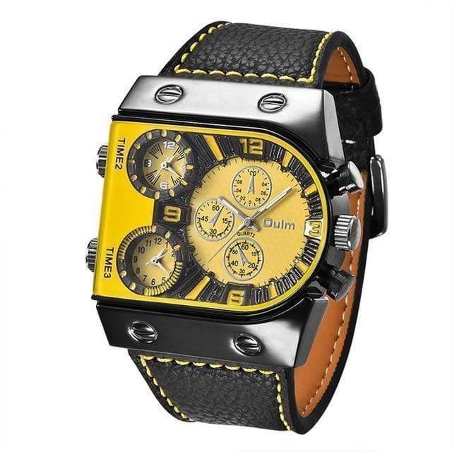 Men's fashion multi-time zone military watch, black bezel, brown leather for casual wear.