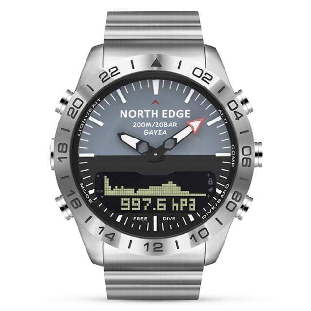 Men's multifunction digital dive watch with black strap, displaying time and outdoor features