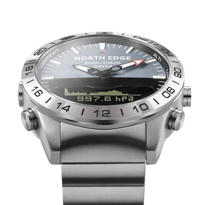 Rugged men's digital dive watch on wrist, showcasing waterproof and survival capabilities