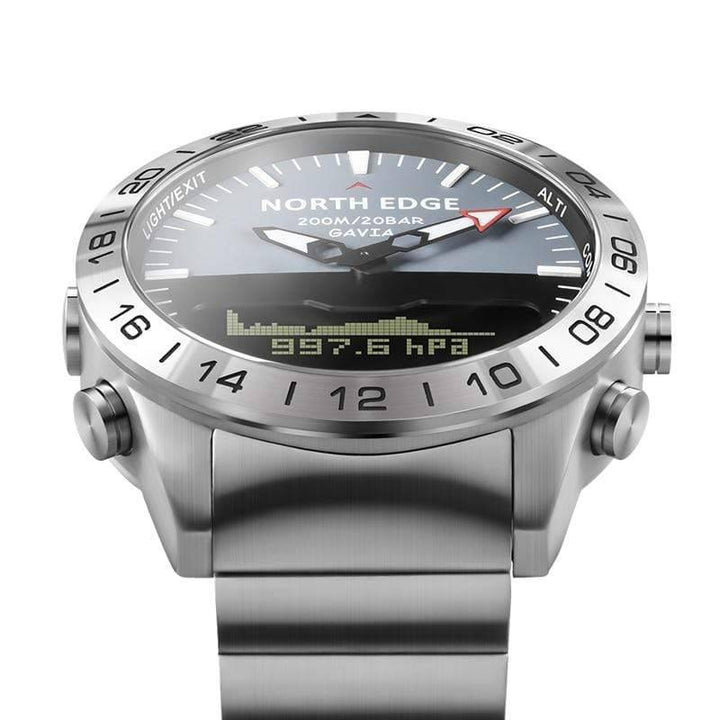 Rugged men's digital dive watch on wrist, showcasing waterproof and survival capabilities