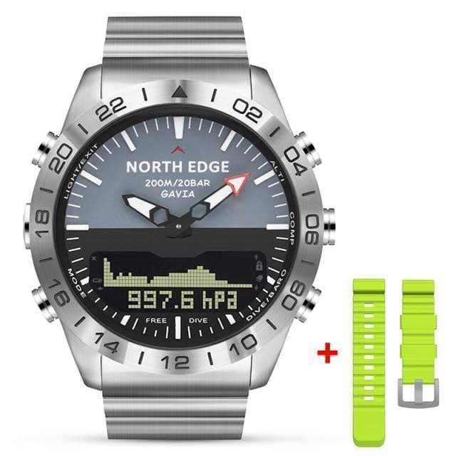 Outdoor shot of a man wearing a waterproof digital dive watch, ideal for sports and adventure