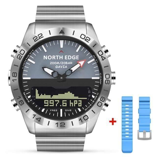 High-contrast image of a men's digital watch, designed for diving, survival, and active use