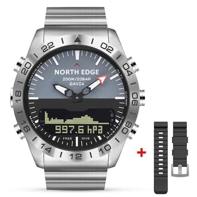 Studio shot of a men's digital dive watch, featuring a resistant case and multifunction display