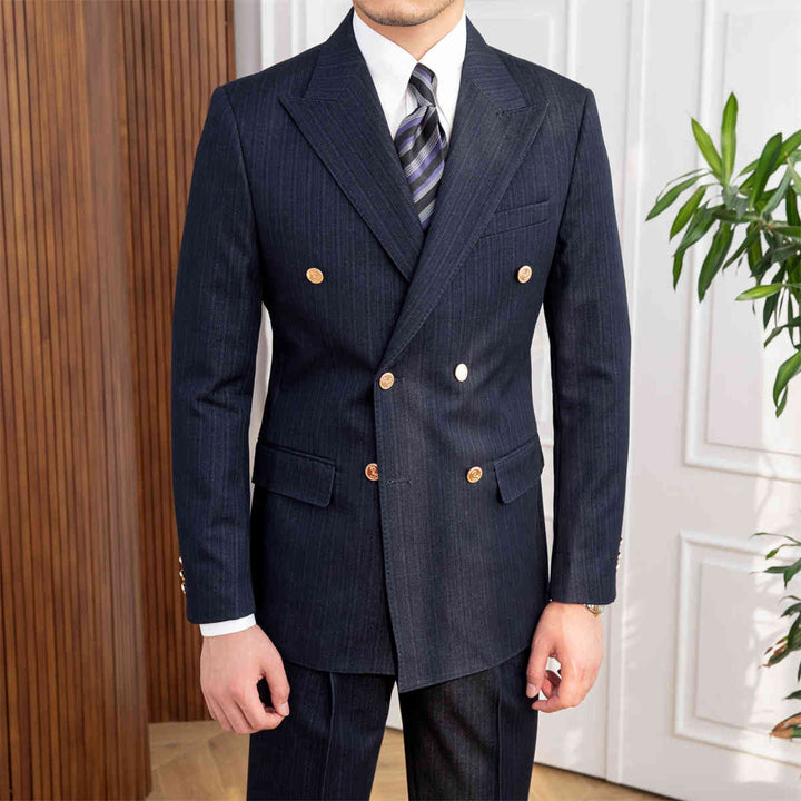 Men's navy blue slim fit double-breasted suit. Perfect formal wear for business, weddings, and events.