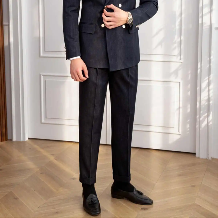 Stylish men's navy double-breasted slim fit suit, ideal tailored menswear for formal events & wedding guests.
