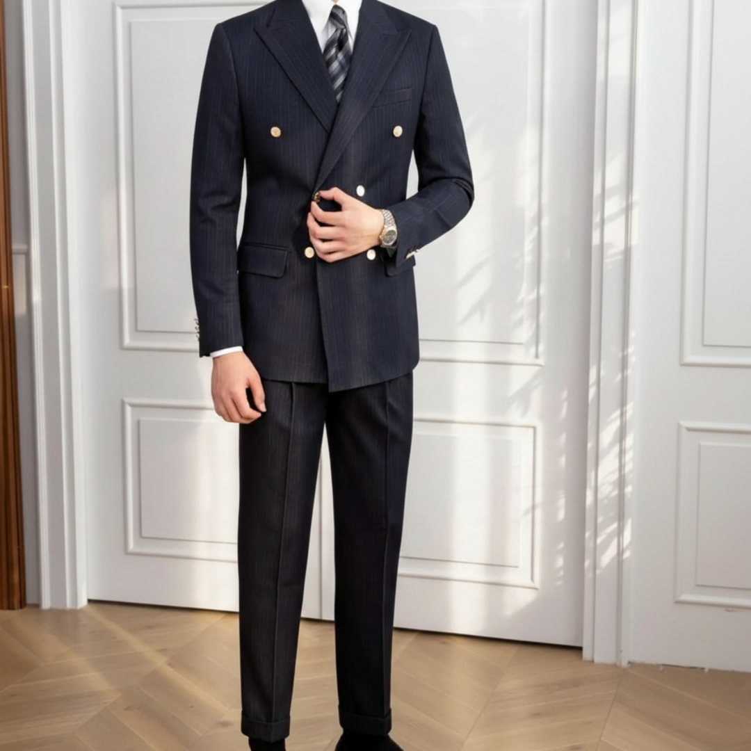 Elegant men's navy blue slim fit two-piece double-breasted suit for business meetings, weddings, or parties.