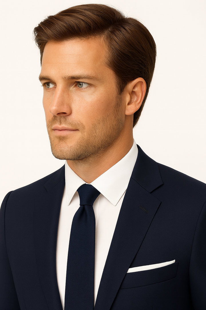 Elegant men's navy blue slim fit suit, perfect tailored two-piece set for weddings & business wear.