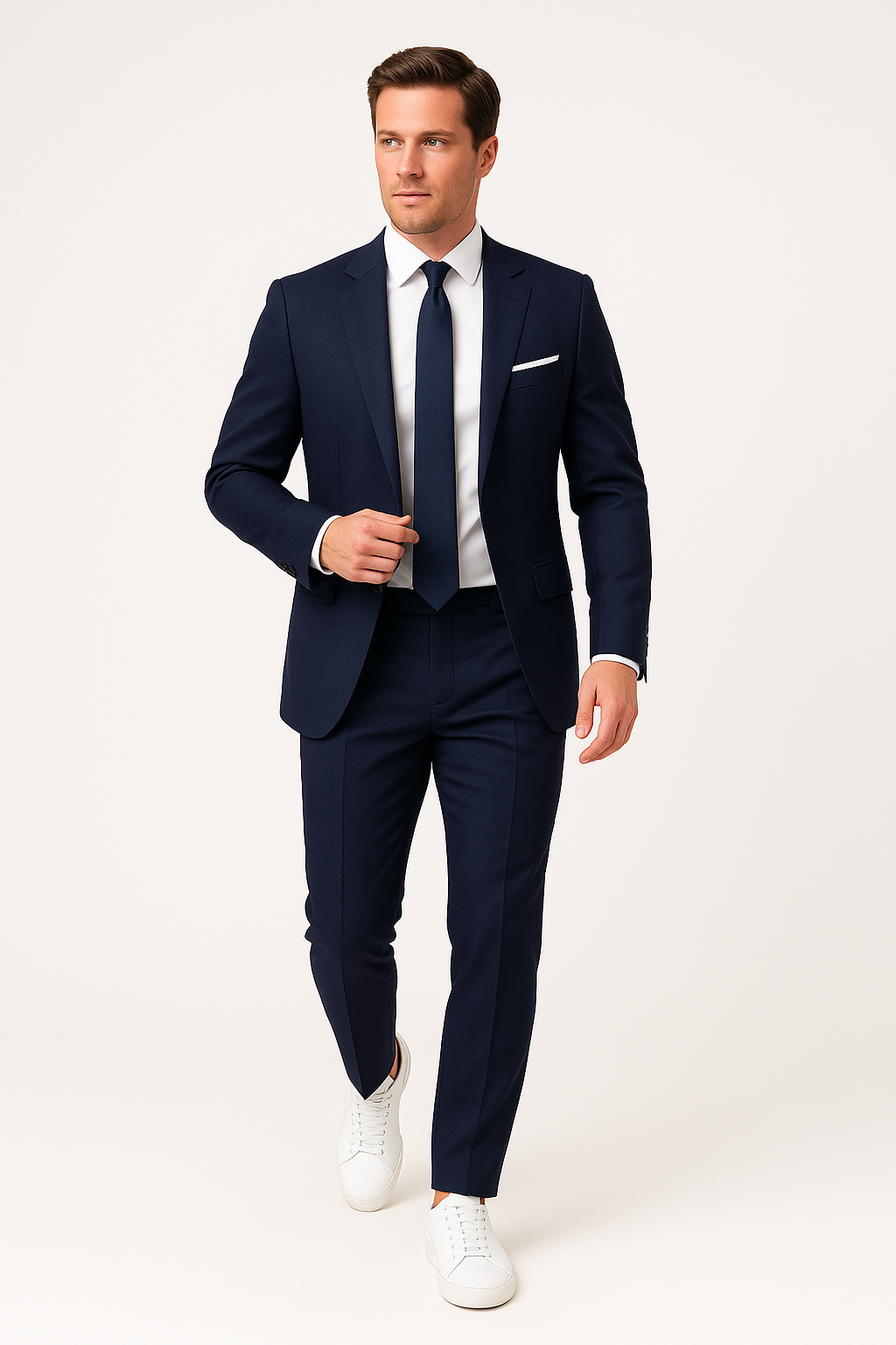 Men's navy blue slim fit suit, featuring a tailored blazer and matching trousers for formal wear.