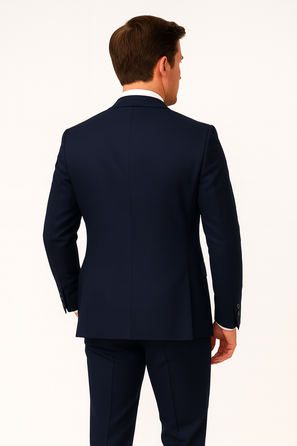 Stylish men's navy blue slim fit tailored suit, two-piece formal wear for weddings, business & events.