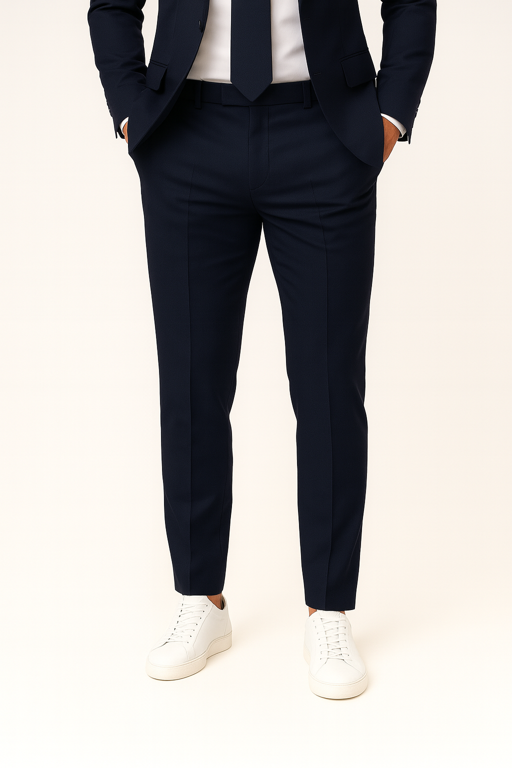 Modern men's navy blue slim fit two-piece suit, tailored blazer & trousers for elegant formal & business attire.