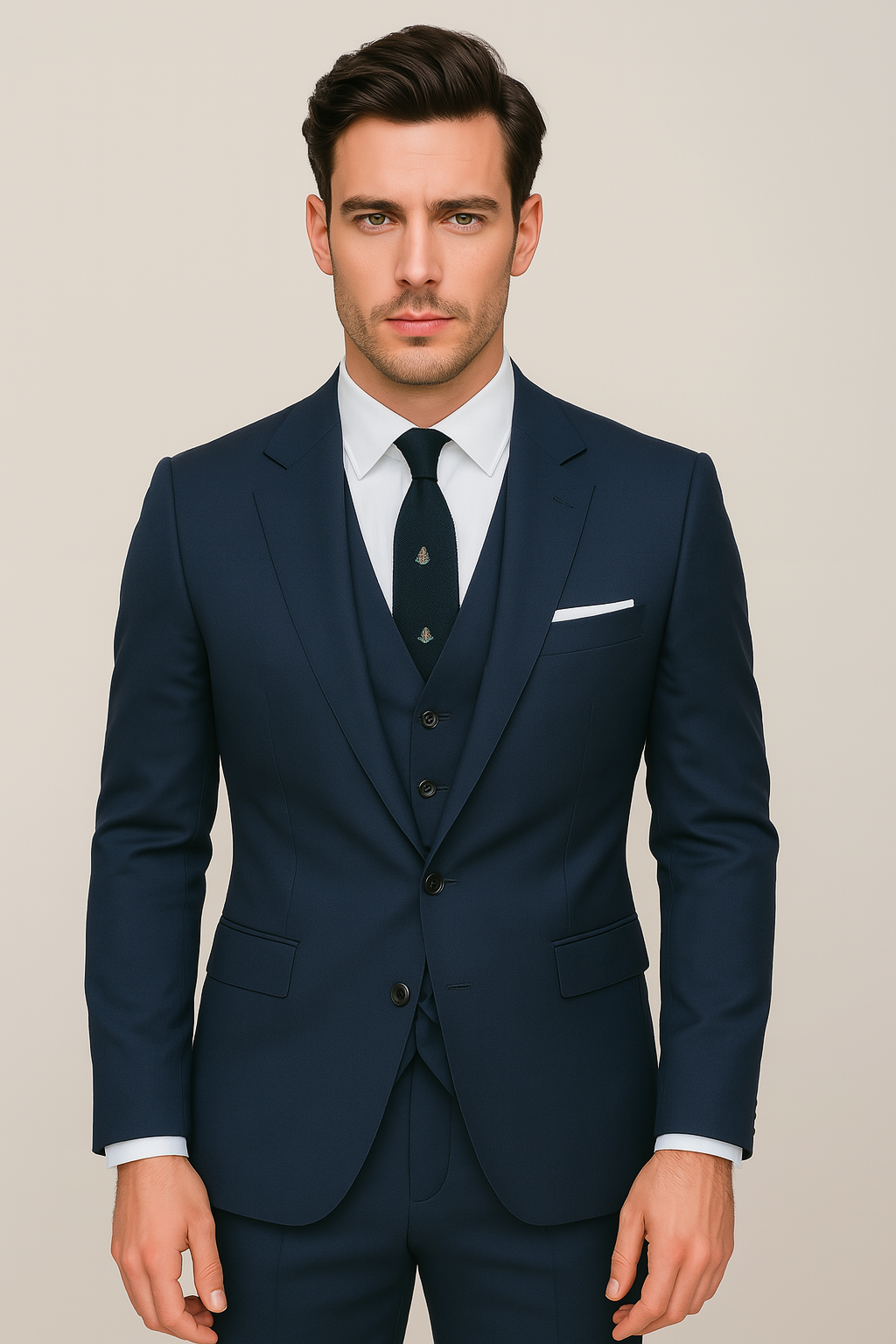 Men's navy blue three-piece tailored suit set for formal events, business, weddings, or prom. Elegant menswear.