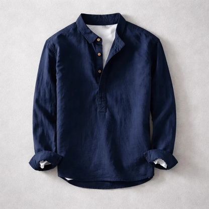 Men's navy long sleeve tailored Henley shirt for effortless style & comfort. Modern casual top.