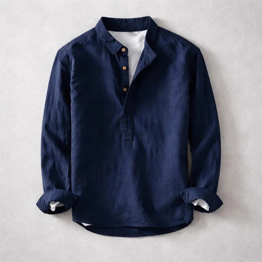 Men's navy long sleeve tailored Henley shirt for effortless style & comfort. Modern casual top.