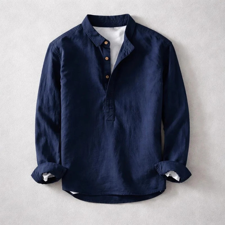Men's navy long sleeve tailored Henley shirt for effortless style & comfort. Modern casual top.