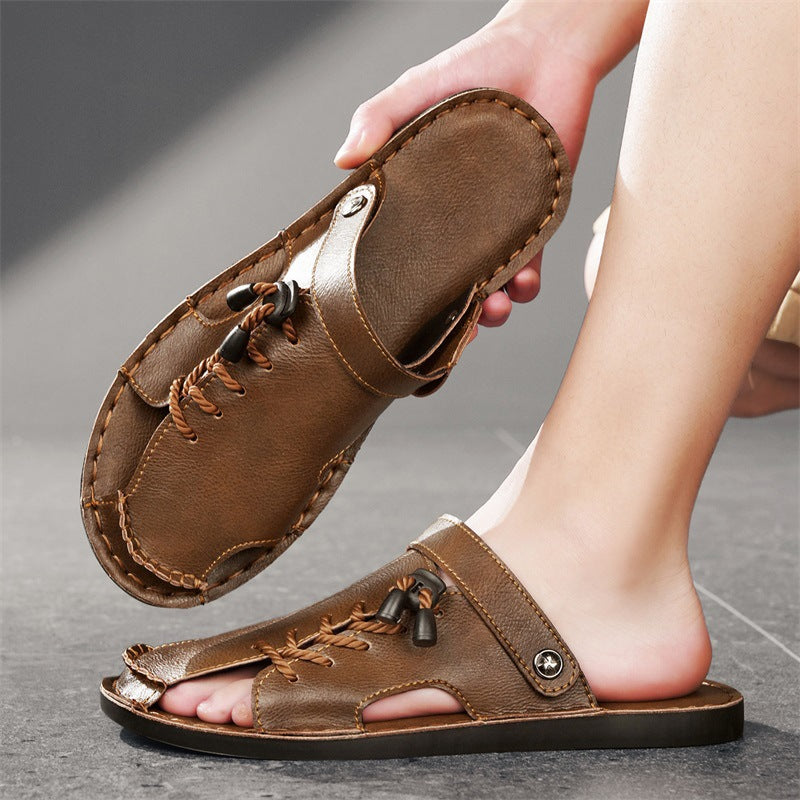 Side view of men's Nomad comfort cross-wrap sandals, highlighting the adjustable strap for a custom fit.