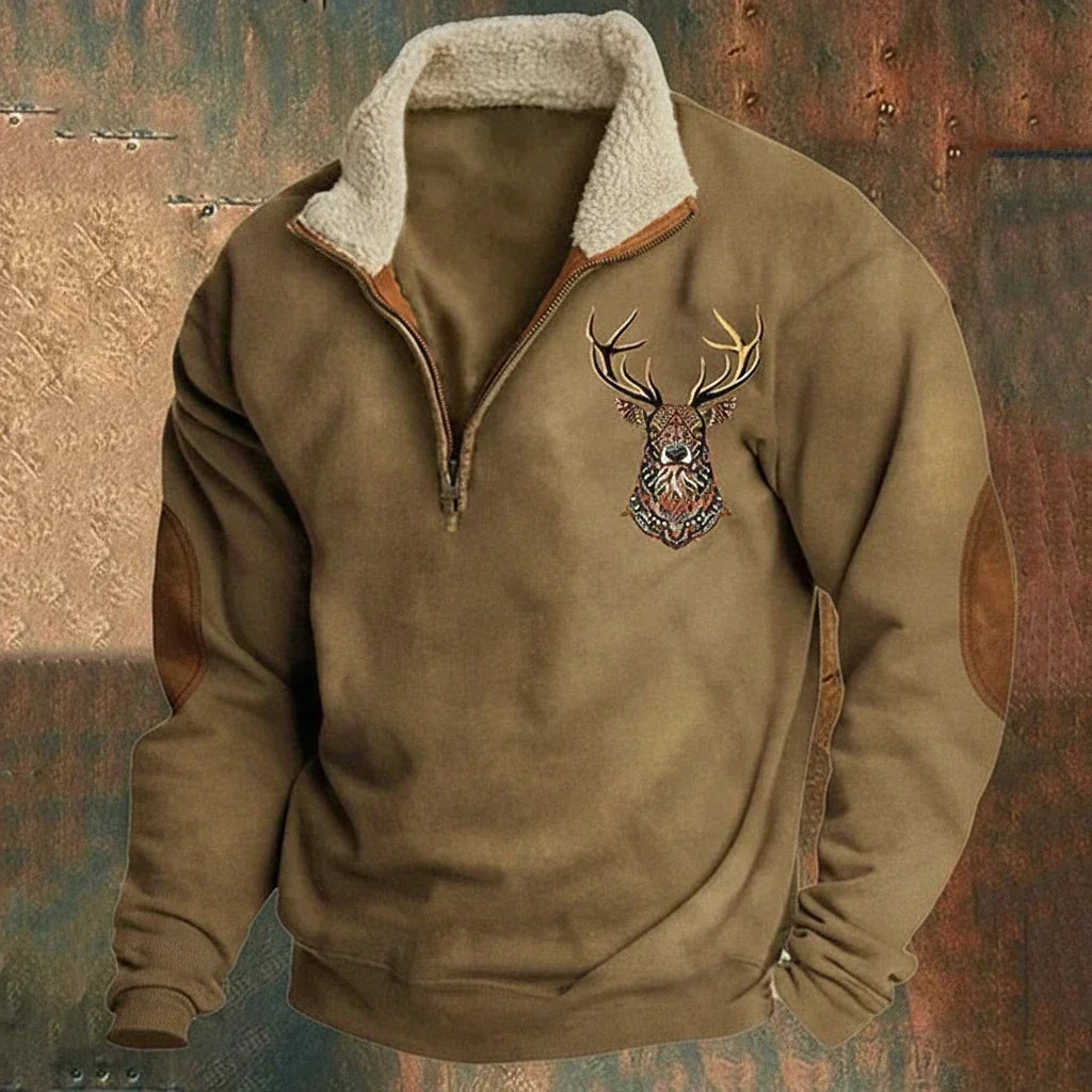 Cozy men's Nordic deer pattern quarter-zip sweater. Ideal for casual autumn and winter fashion.