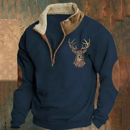 Warm men's quarter-zip Nordic sweater featuring an intricate deer motif, great for casual menswear.