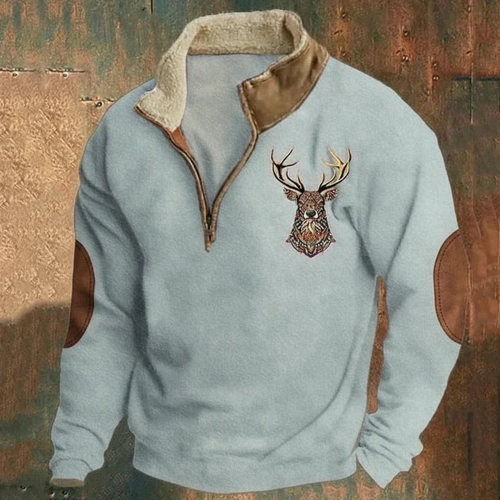 Comfortable men's Nordic deer quarter-zip sweater, essential for winter warmth and stylish outdoor adventures.