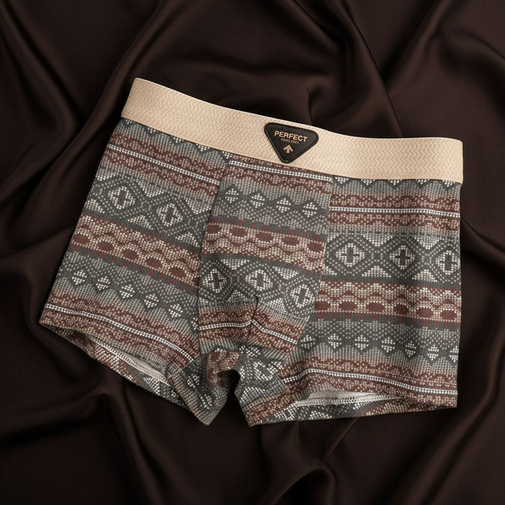 Close-up of soft organic cotton men's briefs, showcasing the intricate Nordic fairisle pattern.