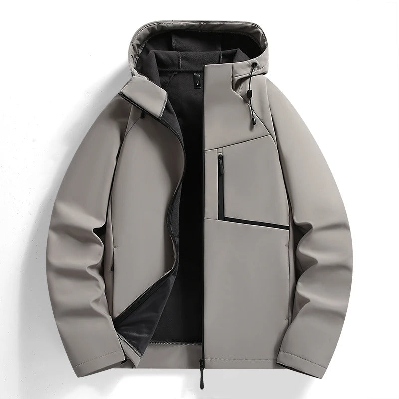 Close-up of NorthCast men's hooded jacket. Detail shows durable, weather-resistant fabric & zip.